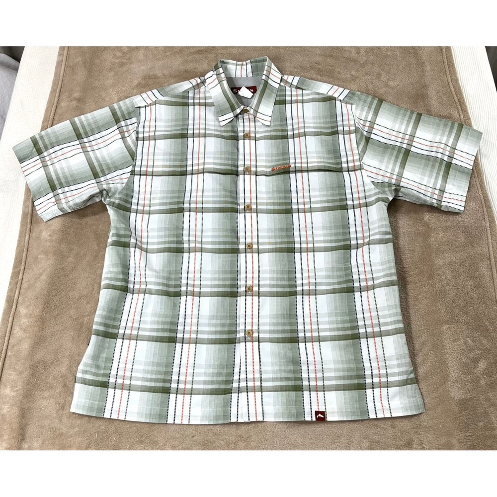 Simms Green and White Plaid Short-Sleeve Button-Down Shirt